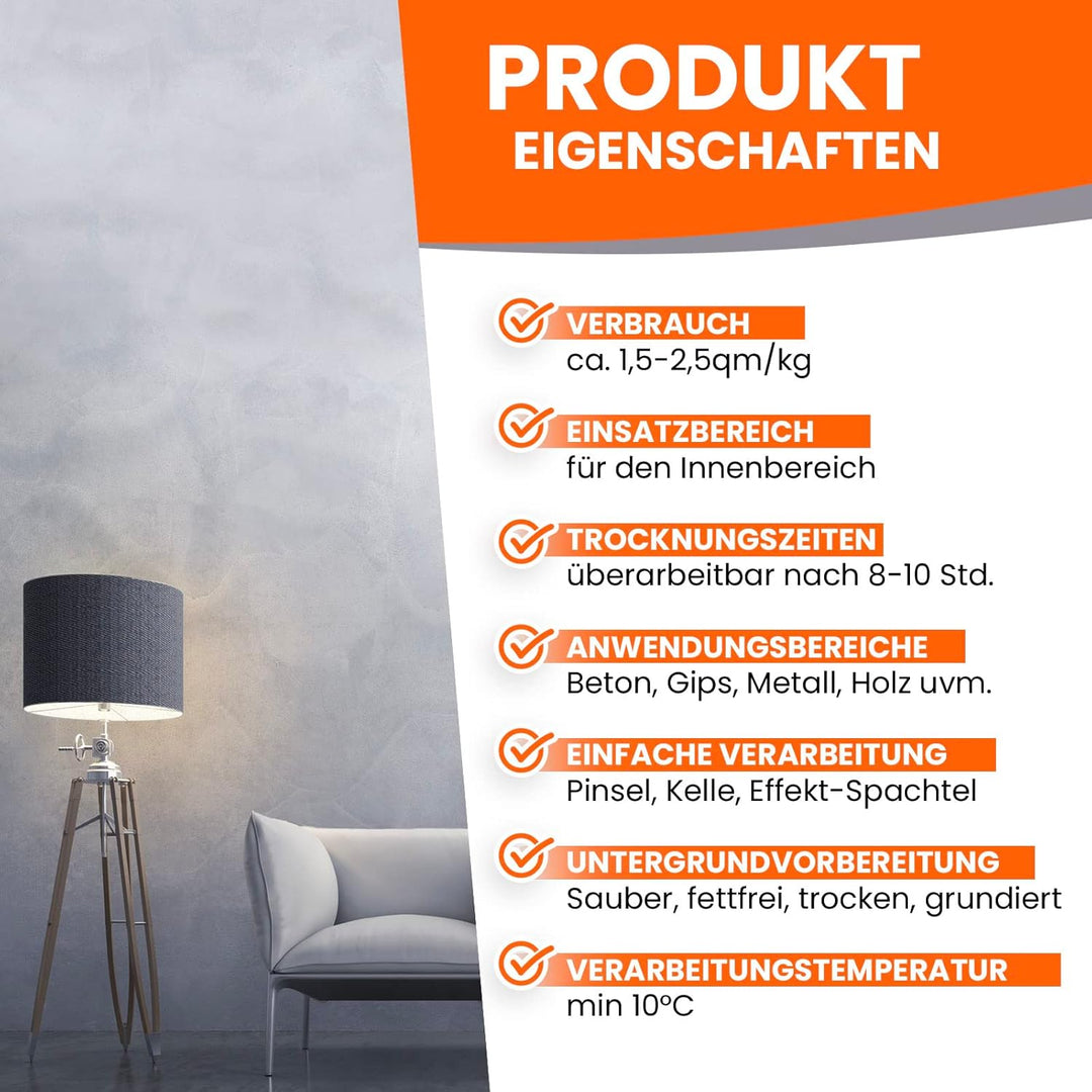 BEKATEQ Betonoptik in Betongrau 12kg, Moma Style Betonlook bis 30qm Betonspachtel inkl. Werkzeug, Ef