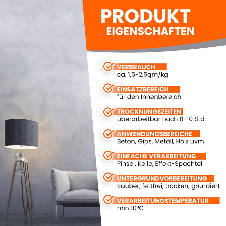 BEKATEQ Betonoptik in Betongrau 12kg, Moma Style Betonlook bis 30qm Betonspachtel inkl. Werkzeug, Ef
