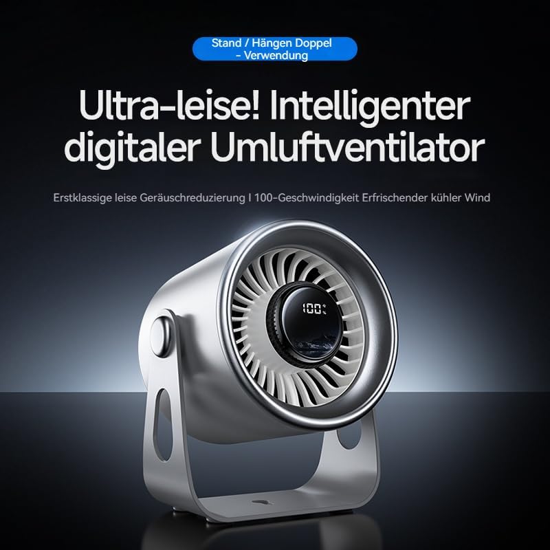 Tischventilator sehr leise mit digitalem Display, Turbo-Ventilator 100-stufig einstellbar & 135° nei