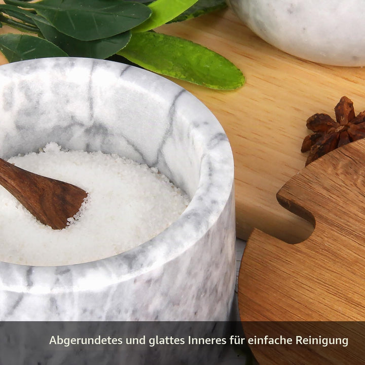 Salzstreuer Marmor mit Holzdeckel und Löffel, Hellgraue Schale | Salzdose Pfefferstreuerschale, Gewü