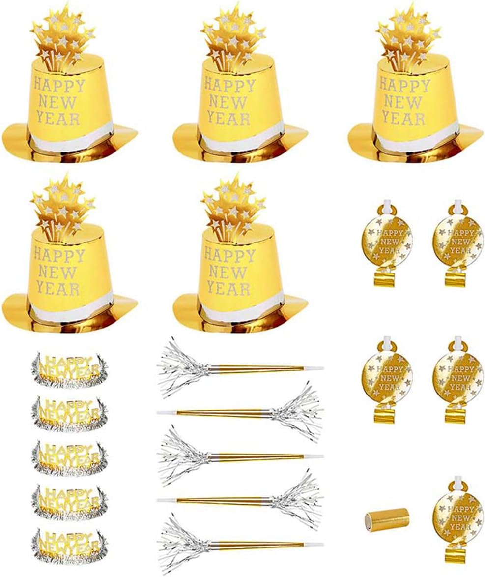 "GOLD HAPPY NEW YEAR PARTY KIT" for 10 persons (5 top hats, 5 crowns,5 sounding trumpets, 5 sounding