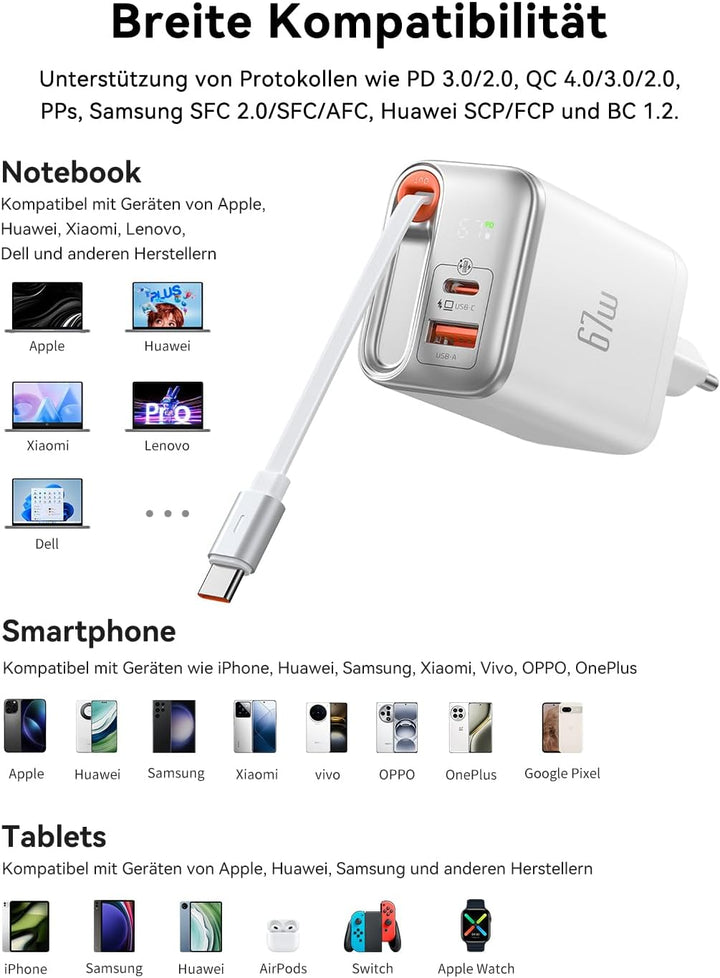 Mcdodo 67W USB C Ladegerät mit Einziehbarem Kabel Netzteil USB C GaN Schnellladegerät 3-Port 67W GaN