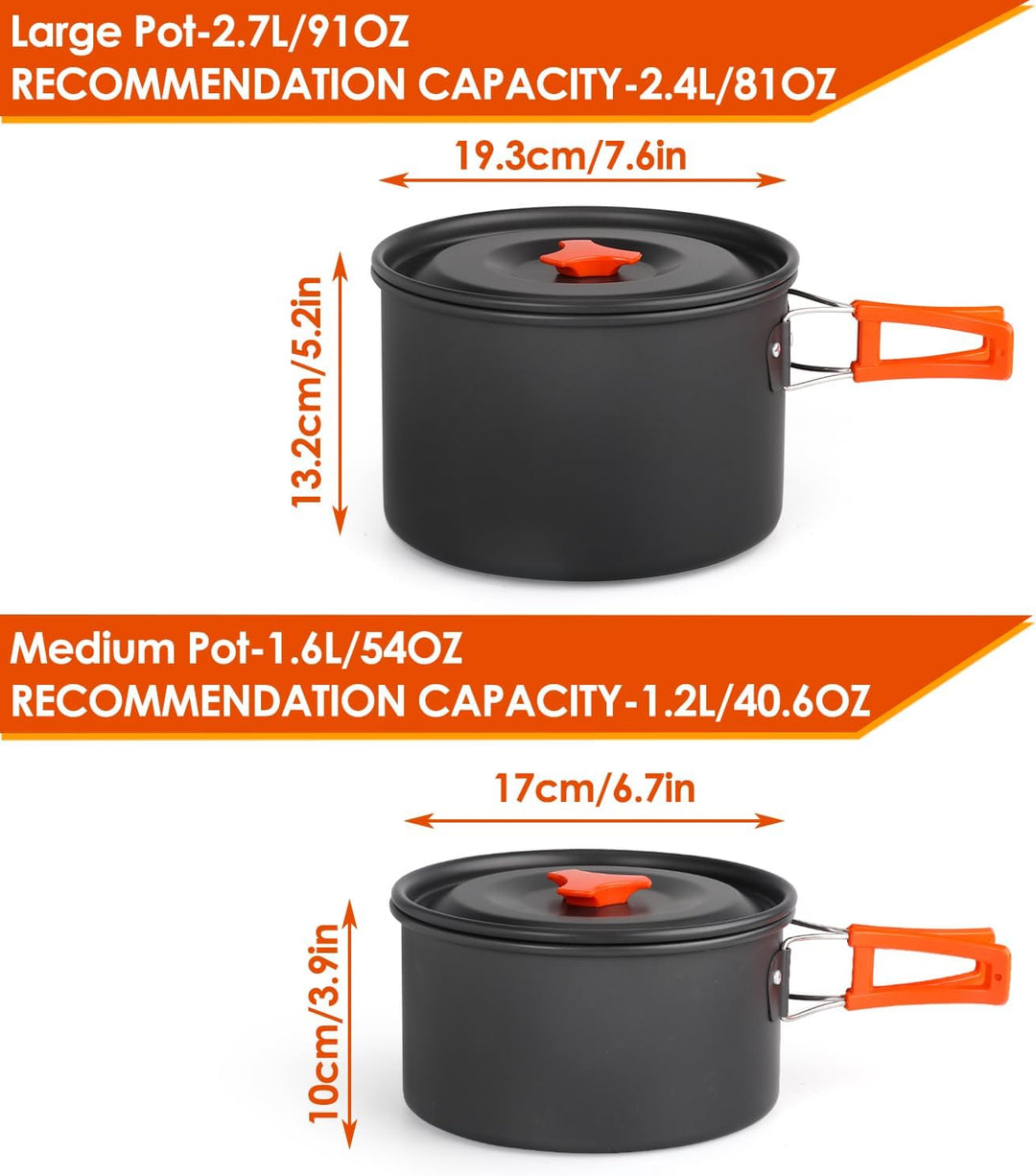 Gutsdoor Camping Geschirr Set 16 Teilig, Outdoor Kochgeschirr Set für 2-4 Personen, mit 2 Topfe, Koc