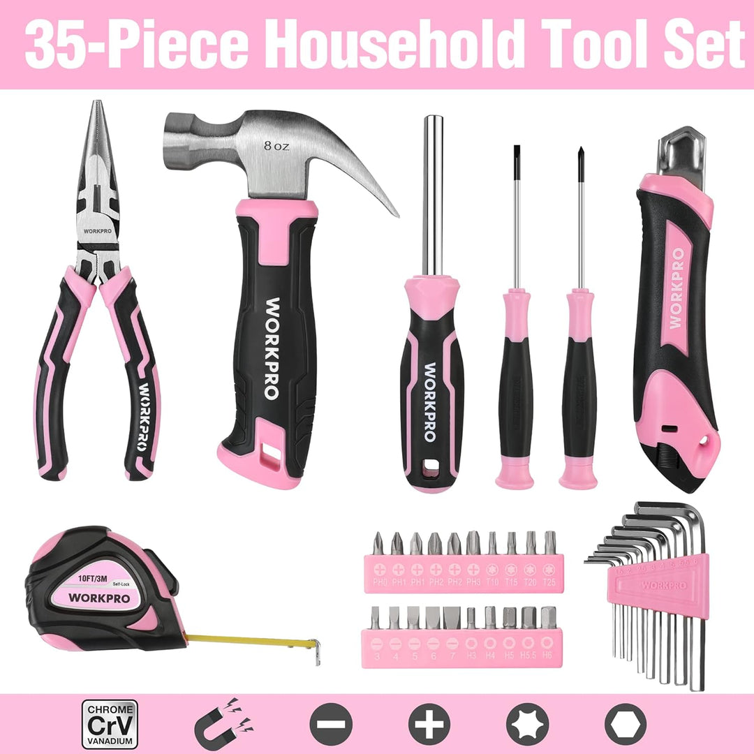 WORKPRO Werkzeugset 35tlg. Rosa Werkzeugsatz, Werkzeugkoffer bestückt, tägliche Werkzeuge, mit Schra