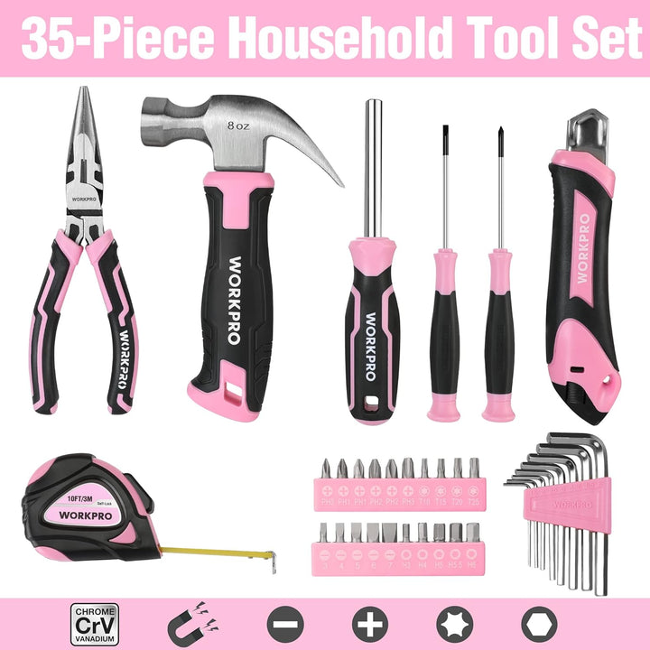 WORKPRO Werkzeugset 35tlg. Rosa Werkzeugsatz, Werkzeugkoffer bestückt, tägliche Werkzeuge, mit Schra