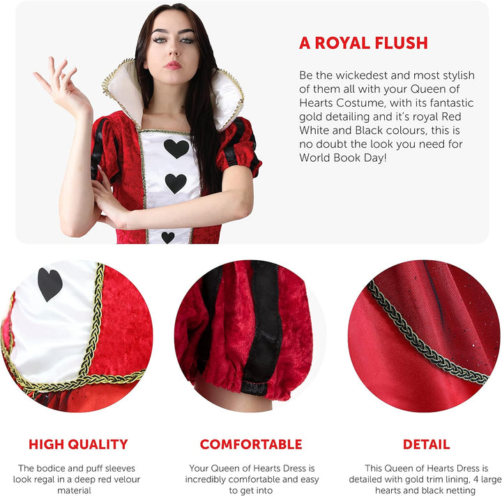 Damen Kostüm Königin der Herzen – X-Large – langes rotes & schwarzes Kleid mit Herzen Dekoration – D