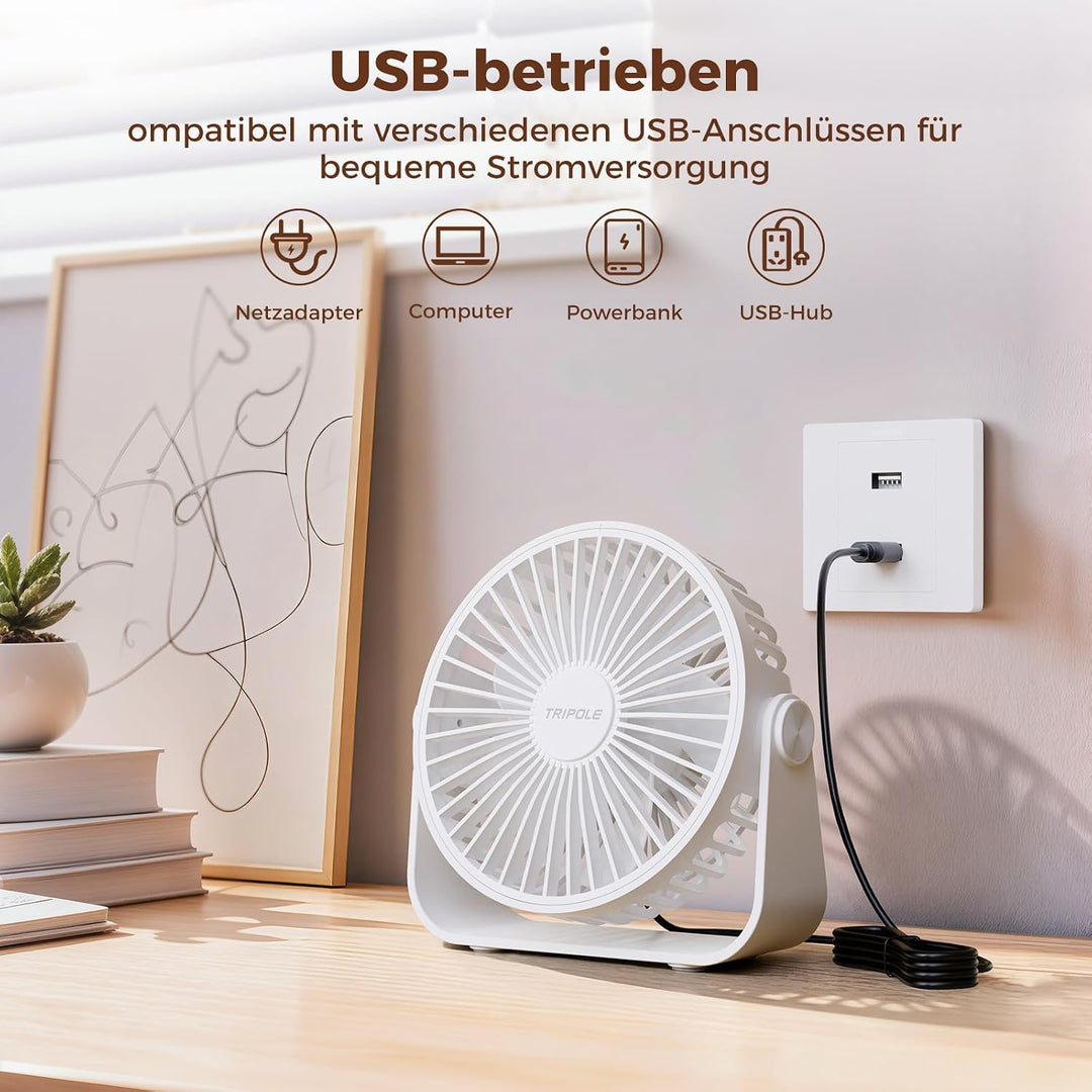 TriPole USB Tischventilator, 3 Geschwindigkeiten Starker Wind, 360° Rotation Persönlicher Ventilator