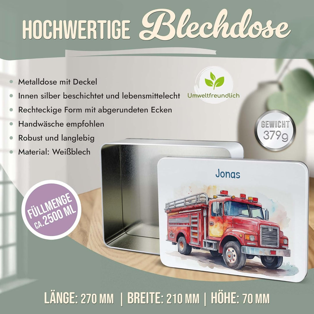 Print Royal PR Erinnerungsbox für Kinder mit Name - Feuerwehr - Blechdose bedrucken, Geschenkdose -