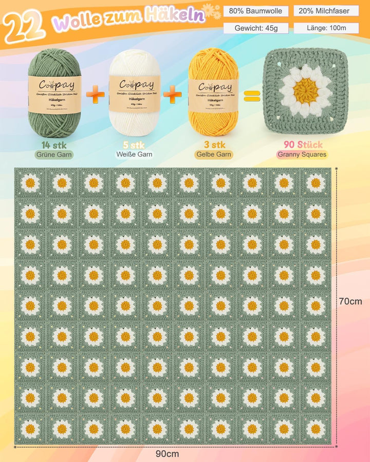 Coopay Granny Square Häkelset für Anfänger, Häkel Set für Gänseblümchen Decke, Komplett Häkelset mit