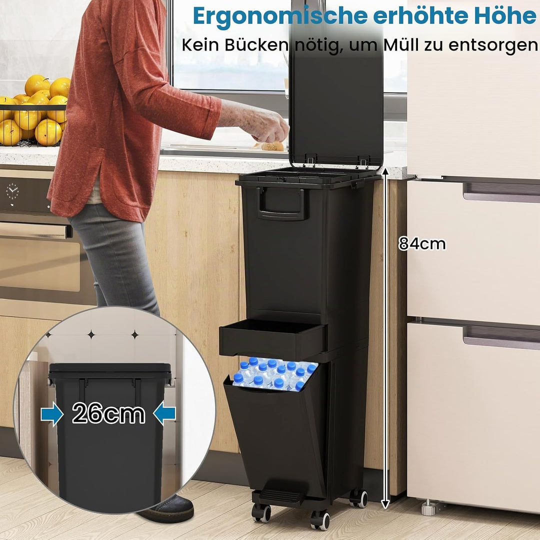 LIFEZEAL 32 L Mülleimer auf Rädern, Abfallsammler Küche, Trocken- und Nasstrennung Mülltrennsystem m