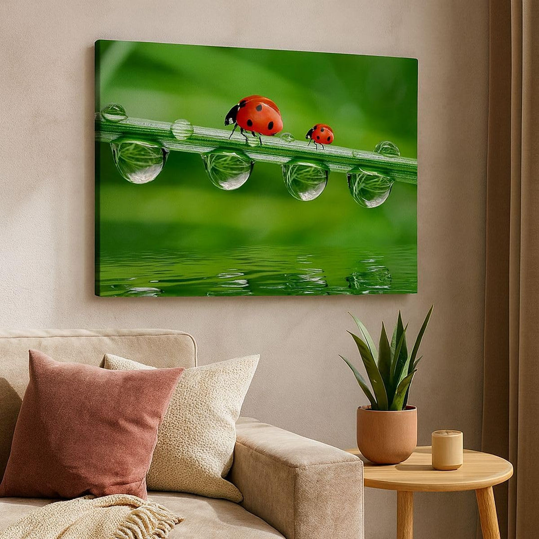 Bilder auf Leinwand 100x70cm Leinwandbild Marienkäfer Wasser Grün Umwelt Gross Wanddeko Bild Schlafz