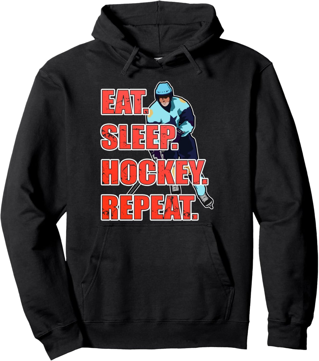 Eat Sleep Hockey Repeat, Männer Frauen Kinder Eishockey Pullover Hoodie
