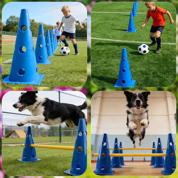 Agility Set Hunde Klein Pylonen Kinder Steckhürdenset mit 10 Kegel + 5 Stangen, Einstellbare Trainin
