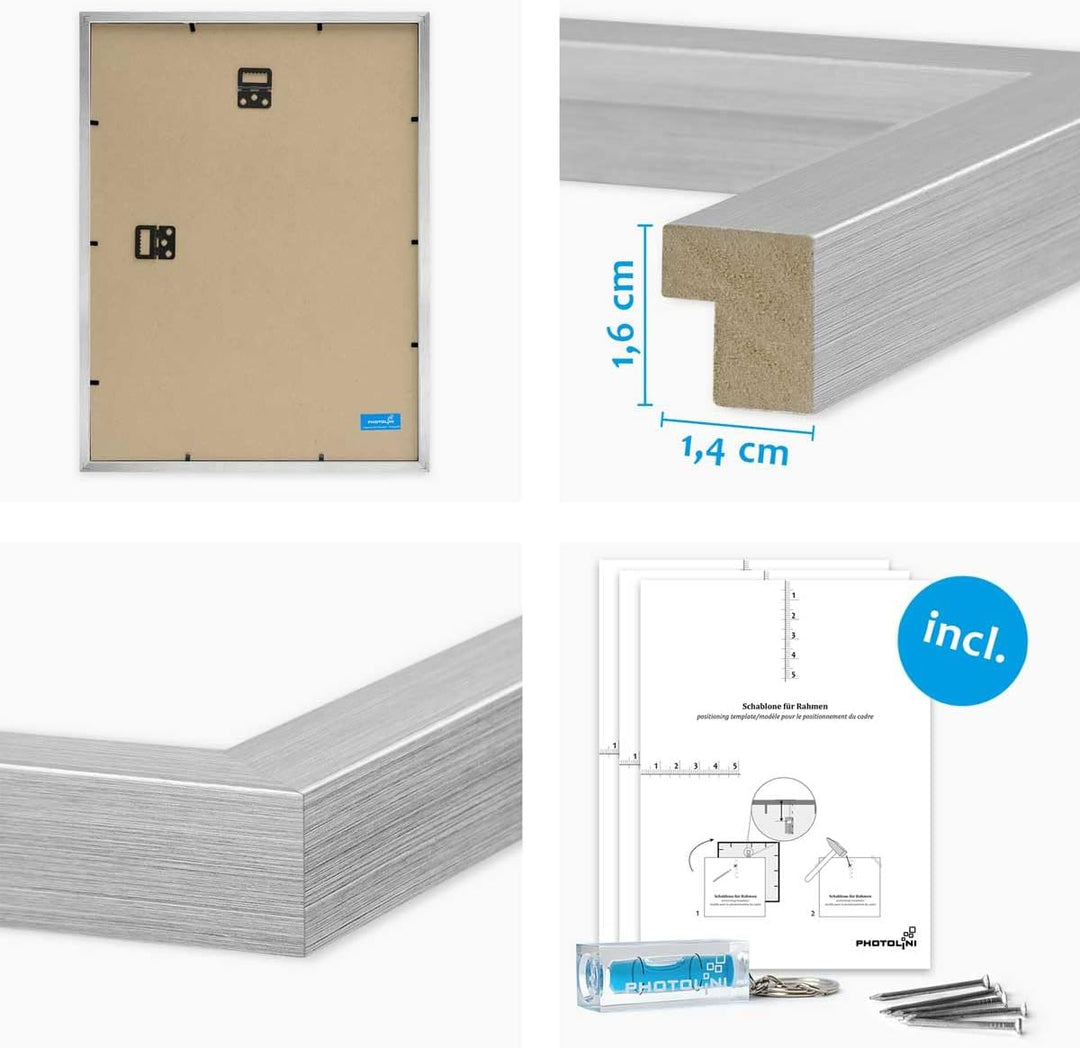 PHOTOLINI silberne Bilderrahmen Set verschiedene Grössen, 6 Bilderrahmen Silber Holz MDF, Bilder Rah
