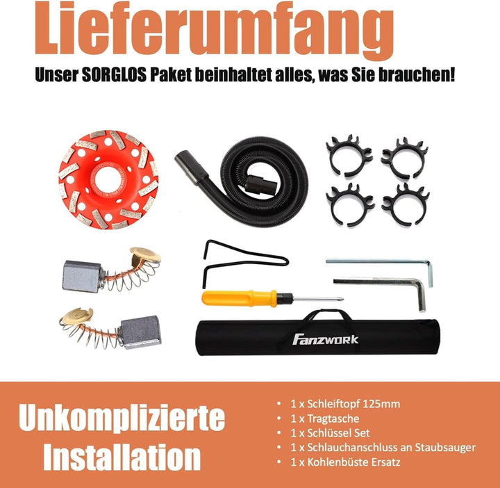 FANZWORK Betonschleifer 1010W mit Teleskopstange bis 1,20 m丨Inklusive Diamantschleiftopf 125mm und T