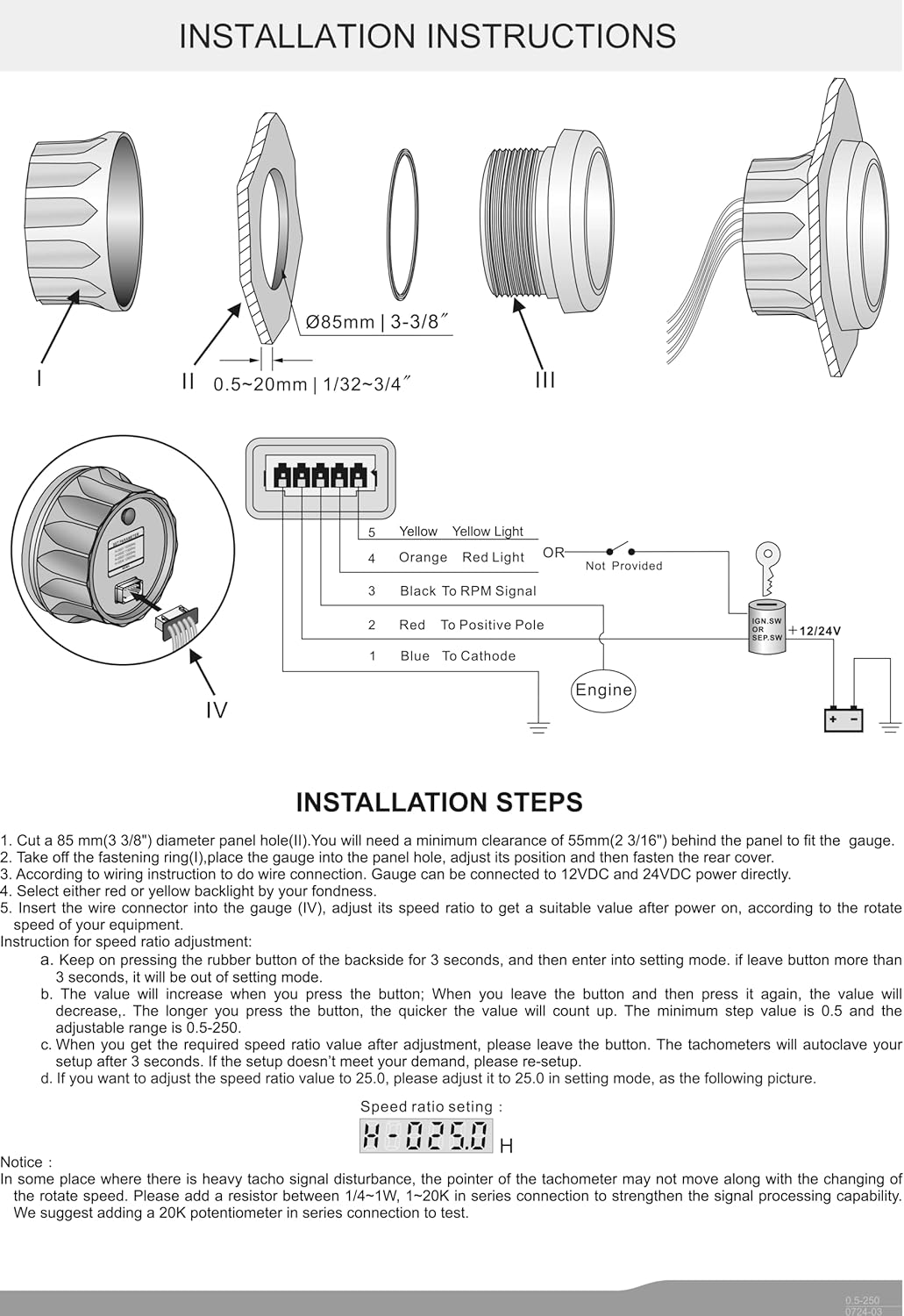 KUS Drehzahlmesser Drehzahlmesser mit Betriebsstundenzähler 6000RPM 85 mm 12V/24V mit Hintergrundbel