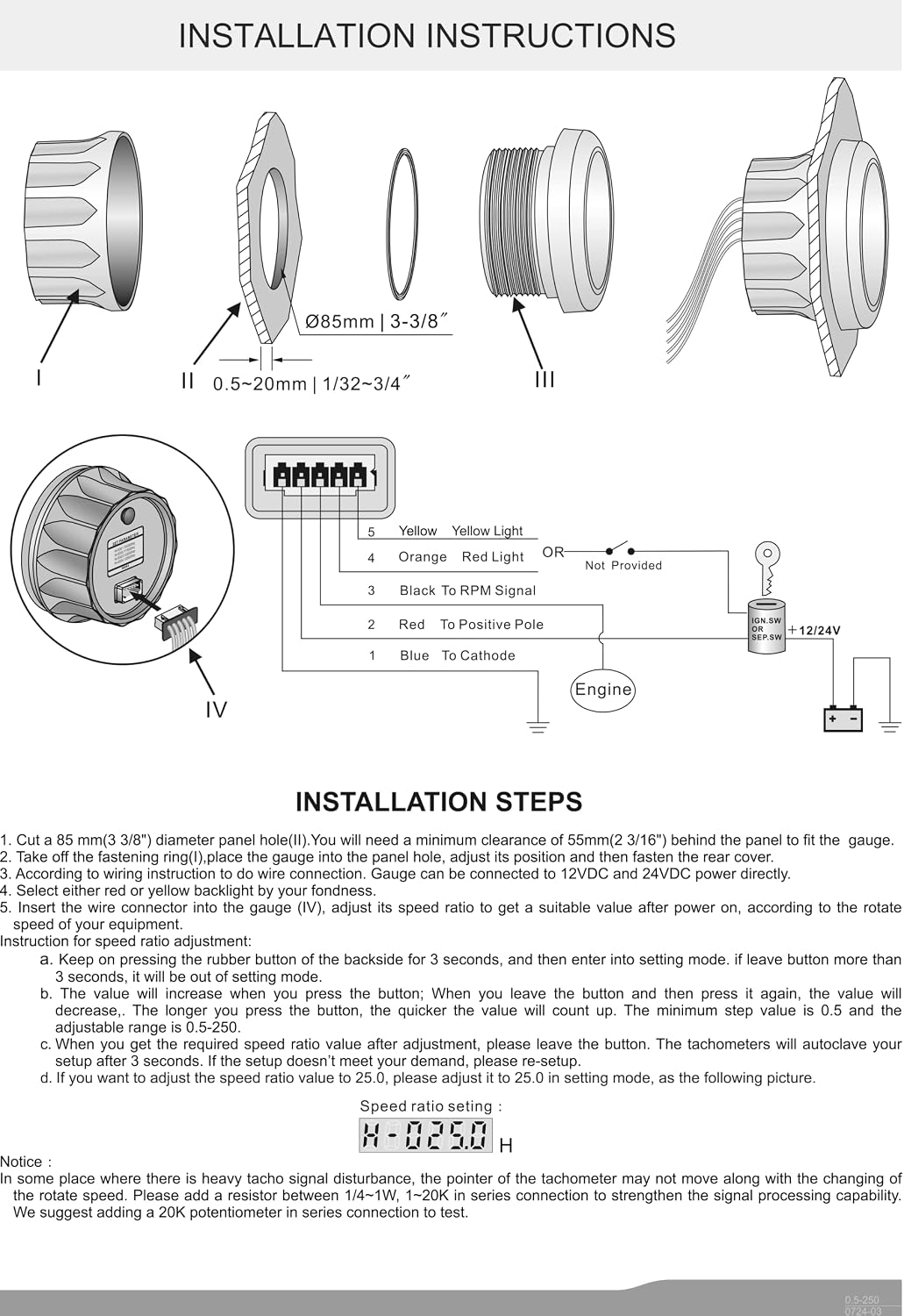 KUS Wasserdichte Drehzahlmesser Drehzahlmesser Mit Betriebsstundenzähler 3000 RPM 85mm 12 V / 24 V M