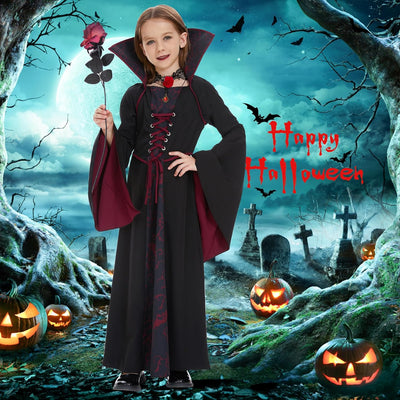FORMIZON Vampir Kostüm Mädchen, Gothic Vampirkostüm mit Rosen Rubin Halskette, Schwarz Rot Vampir Ha