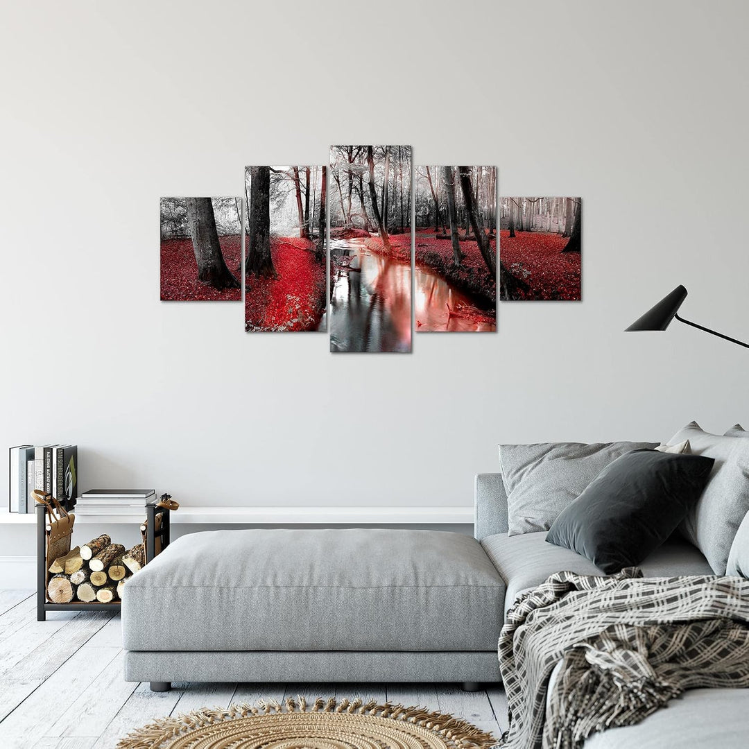 Runa Art Bild Schlafzimmer Wohnzimmer Wald Landschaft 5 Teilig Fluss Rot Wandbilder auf Vlies Leinwa