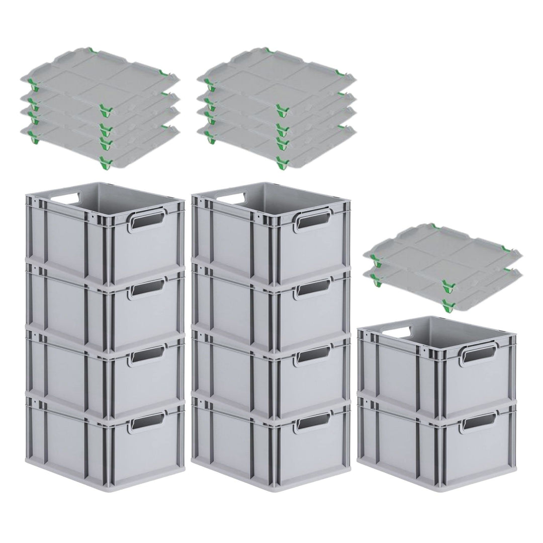 PROREGAL SuperSparSet 10x Eurobox NextGen Economy mit Auflagedeckel und 4x Schiebeschnappverschlüsse