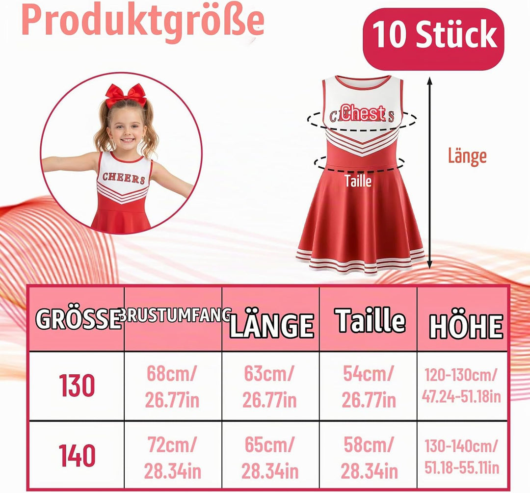 Cheerleader Kostüm Kinder, Cheerleading Outfit, 10 Stück Faschingskostüme Kinder für Komplettes Set