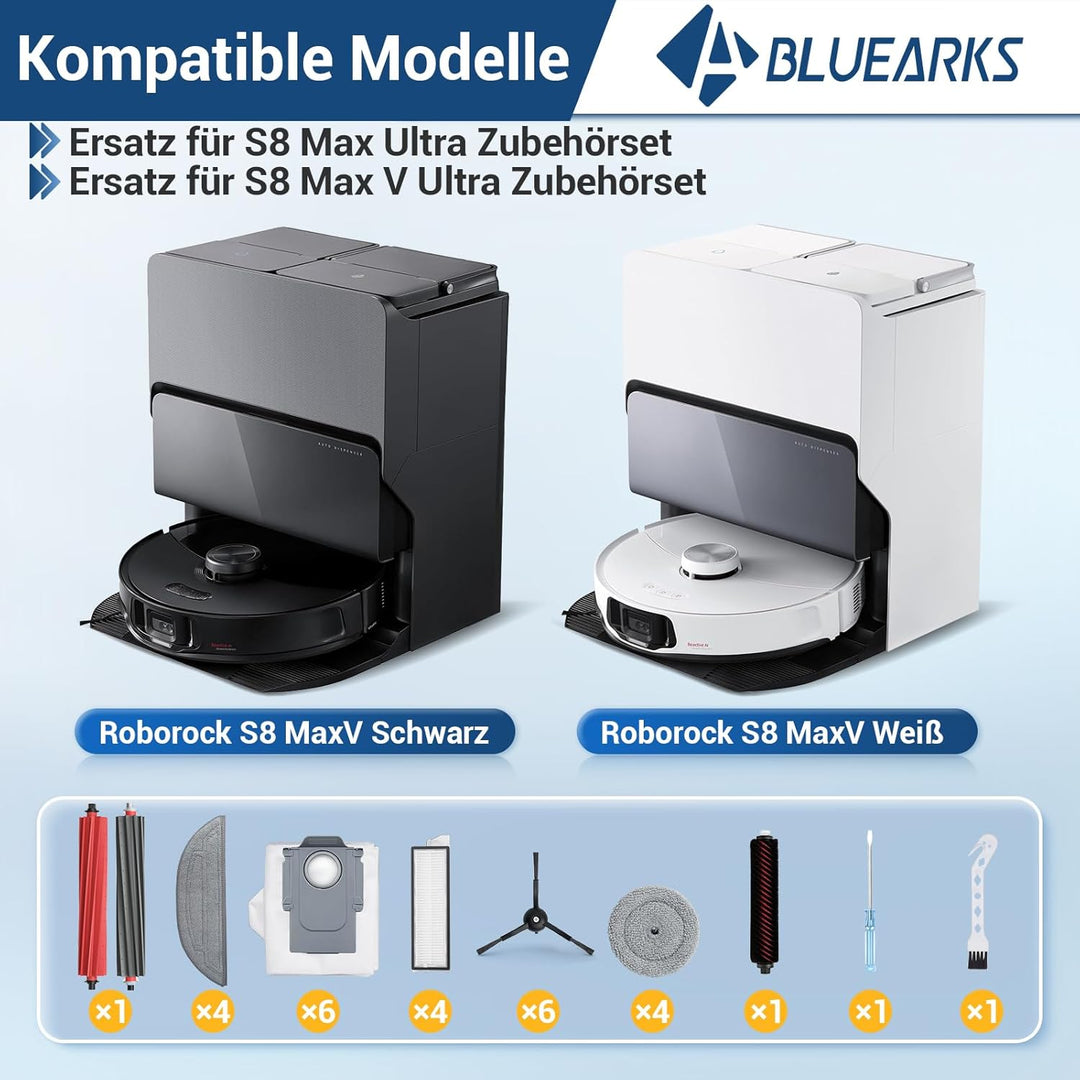 Bluearks 27 Stück Zubehörset für Roborock S8 MaxV Roboter Saugroboter, 2 Hauptbürste, 4 Filter, 4 Wi