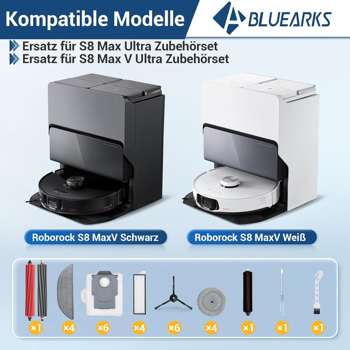 Bluearks 27 Stück Zubehörset für Roborock S8 MaxV Roboter Saugroboter, 2 Hauptbürste, 4 Filter, 4 Wi