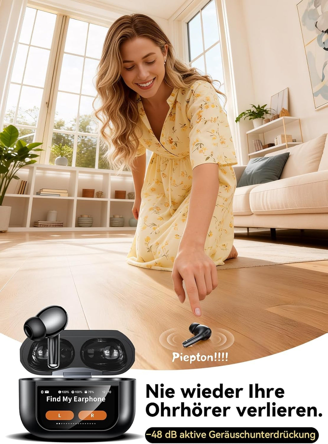 ZZU Kabellose Bluetooth Kopfhörer mit Smart Touchscreen, 48 Std. Laufzeit, Bluetooth 5.4 In-Ear Ohrh