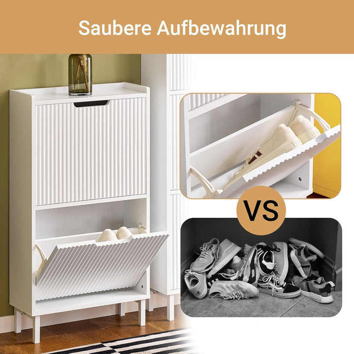 SoBuy Schuhschrank schmal mit 2 Klappen Platzsparender Schuhkipper Hoch Kommode Schuhregal geschloss