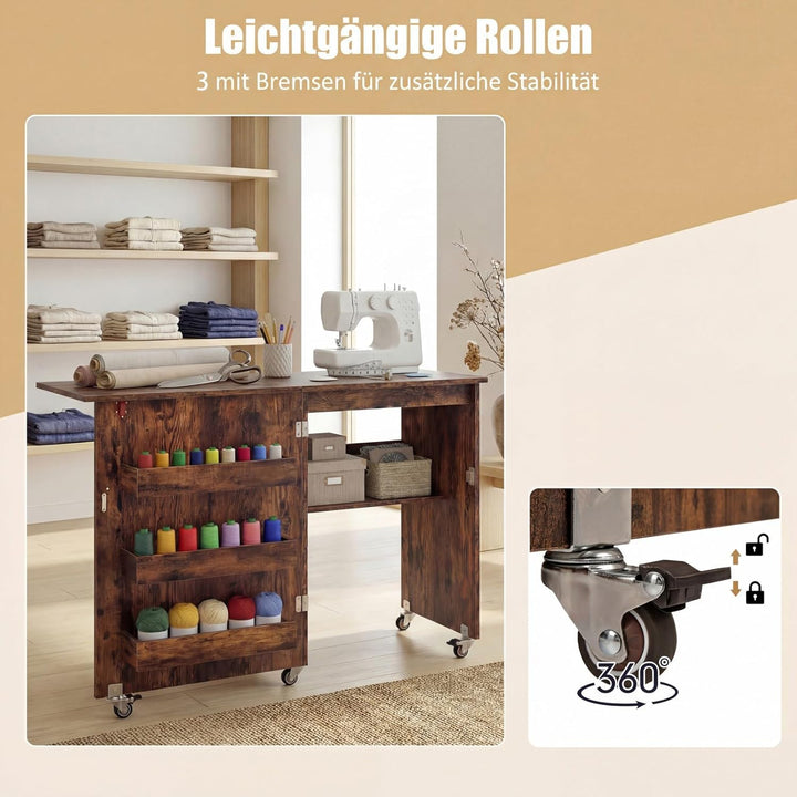 GIANTEX Nähtisch klappbar, Nähmaschinentisch auf Rollen, Nähtisch für Nähmaschine, Nähschrank Holz,