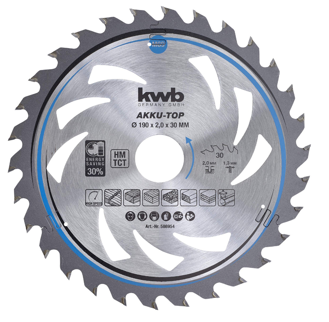 kwb Kreissägeblatt 190 x 30 mm, leichtgängig, speziell für Akkumaschinen, Sägeblatt geeignet für Wei