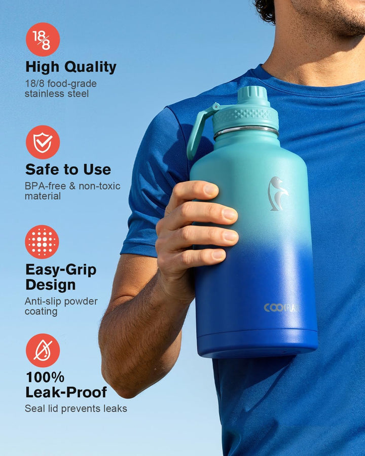 Isolierte Wasserflasche 18 l mit Strohhalm & 3 Deckel Coolflask Half Gallone Water Jug Large Metal S
