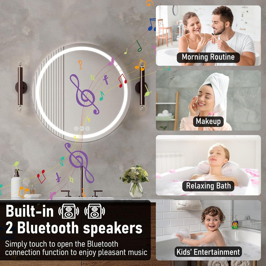 Runder Spiegel mit Beleuchtung, 50cm Bluetooth Badezimmerspiegel mit Beleuchtung, Wandspiegel mit Fr