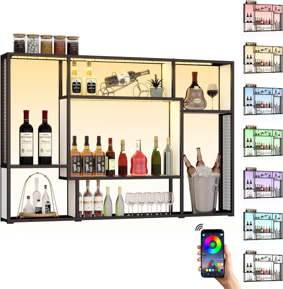 YOURLITE Weinregal Wand,Moderne Metall Bar Regale,mit LED-Licht,Holz,Weiss | Weinregale Display Rack
