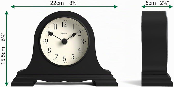 JONES CLOCKS® Speakeasy klein kaminuhr | Klassisches Design des napoleonhutes | Schwarz | Zeitgenöss