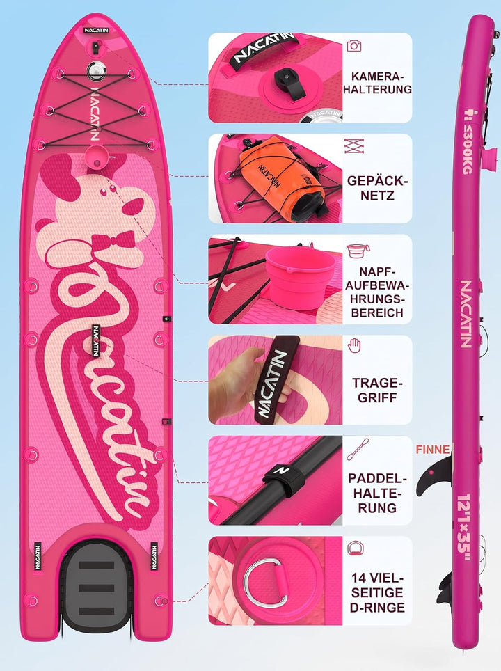 NACATIN 366cm (12ft) aufblasbares SUP Board mit Hunderampe, breites 91cm (36in) Stand Up Paddling Bo