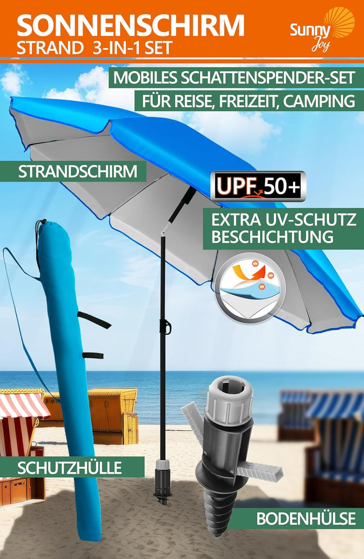 4smile Sonnenschirm Strand SunnyJoy 3-IN-1-SET, Fb. Blau - Strandschirm Ø 180 cm + Bodenhülse + Schu