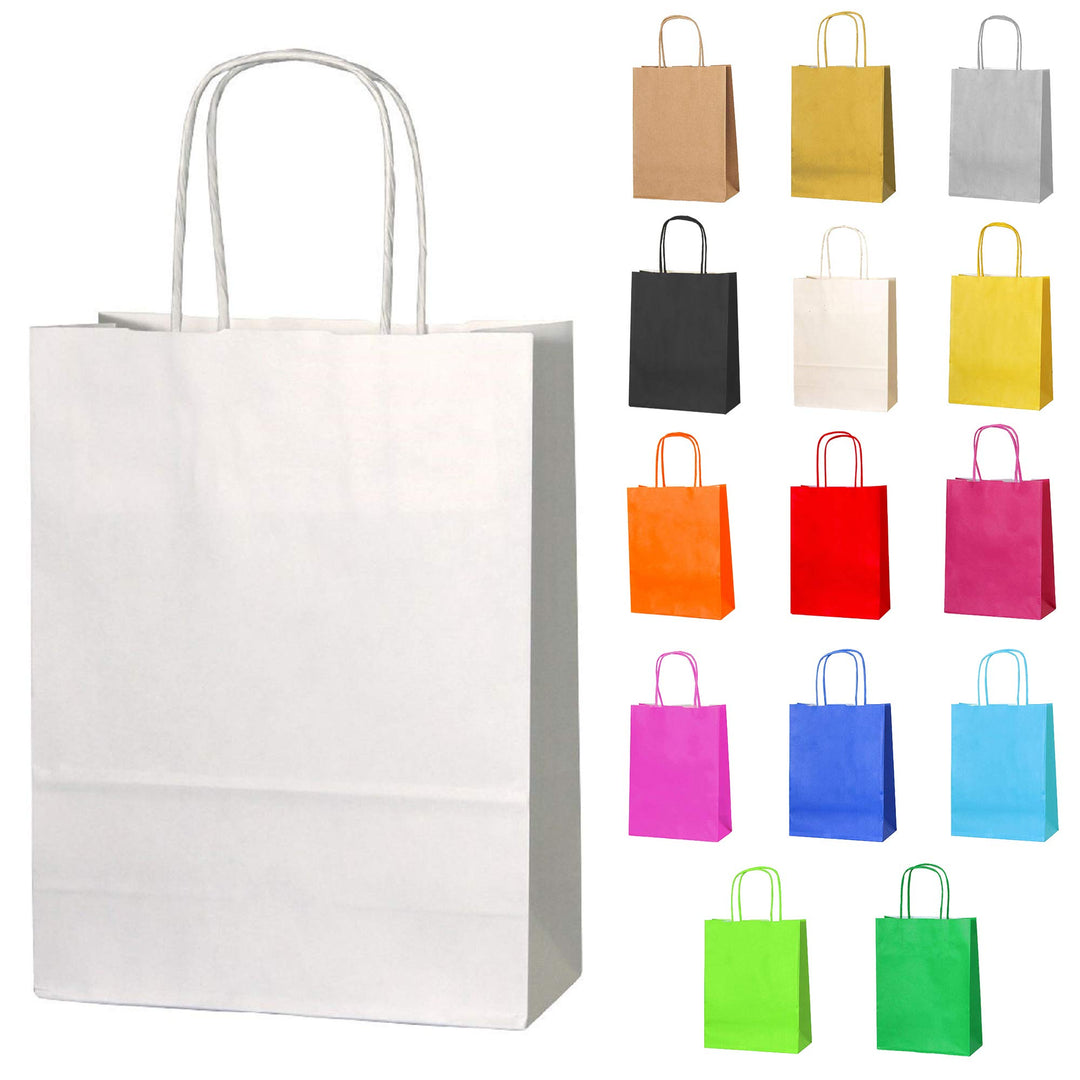 Thepaperbagstore 40 Weisse Partytüten aus Papier mit Henkeln – 18 x 22 x 8 cm – Bunte Geschenktüten
