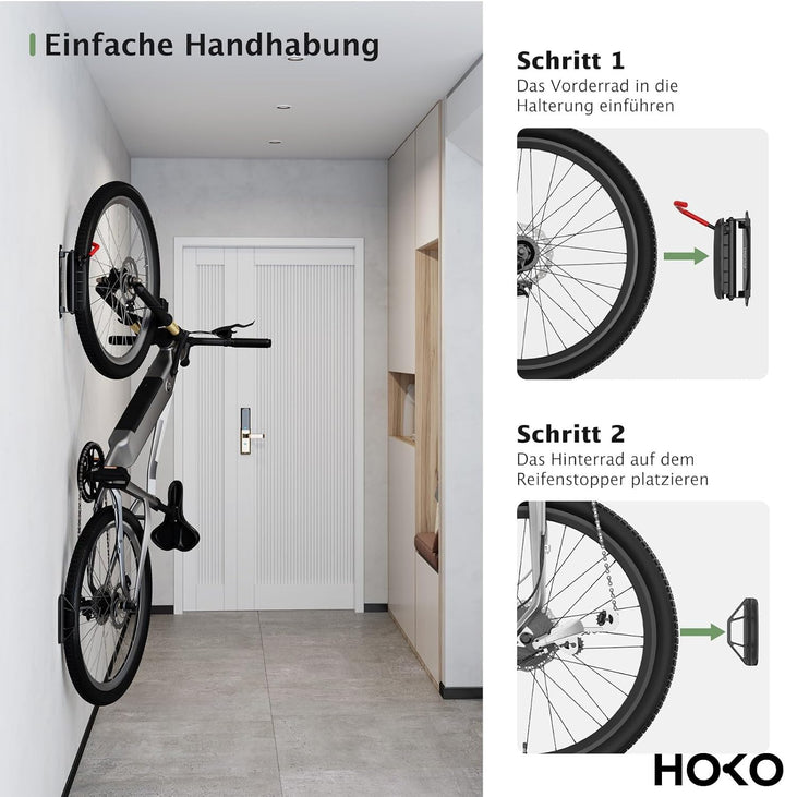 HOKO-Velo 30 4er set Fahrrad Aufhängung für die Wand mit Hinterrad Halterung als Geschenk. Seitlich