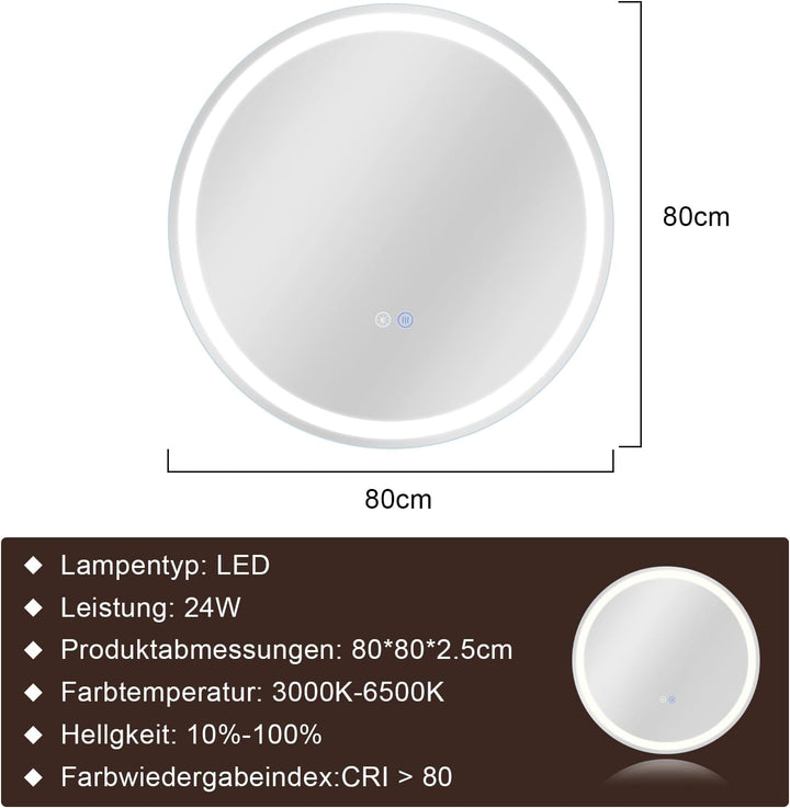 Spiegel Badezimmer Badezimmerspiegel mit Beleuchtung - LED Badspiegel Rund 80cm Wandspiegel Bad mit
