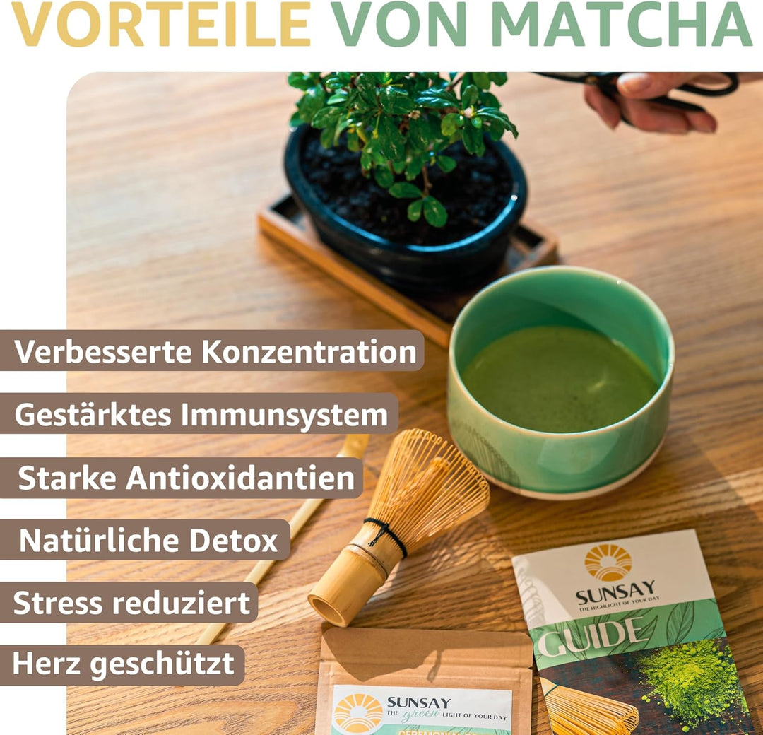 SUNSAY® MATCHA SET mit Japanischem Bio Matcha Tee – Komplettes Service-Set – Matcha-Schale, Bambusbe