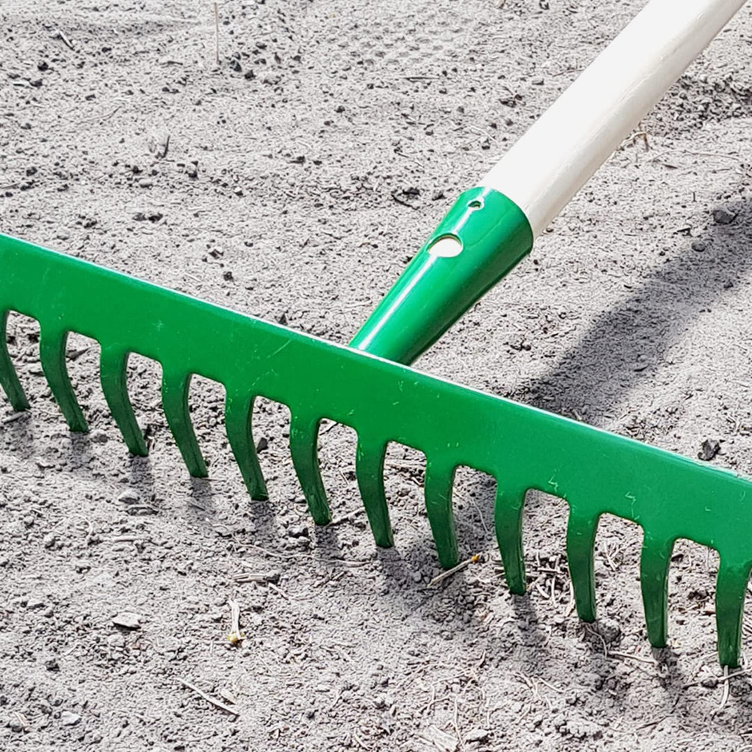 Garten Gerät Harke Rasen Boden Erde Rechen 18 Zinken Stahl Silber Gartenrechen 45,5 cm mit Holz Stie