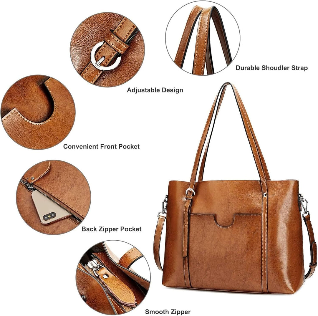 S-ZONE Damen 3-Way Schultertasche Vintage Echtleder Shopper Grosse Mode Laptop Arbeitstasche Umhänge