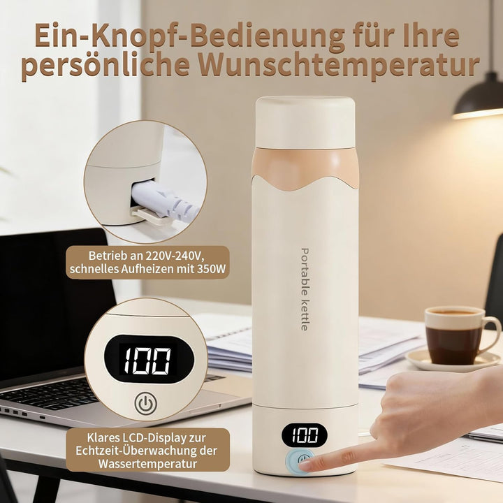 450 ml Reisewasserkocher Klein mit 4 Temperatureinstellungen, Doppelschicht 304 Edelstahl, 6 Stunden