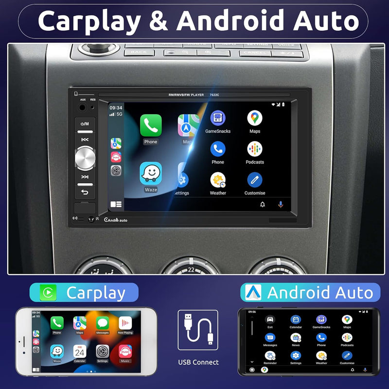 Apple Carplay Autoradio 2 Din mit Android Auto Bluetooth Freisprecheinrichtung 6.2 Zoll Touchscreen