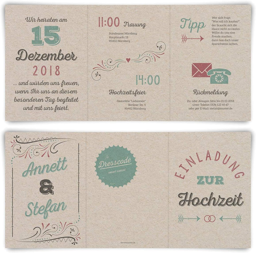 10 x Hochzeitseinladungen individuell mit Ihrem Inhalt als Klappkarte im Wickelfalz - Vintage Letter