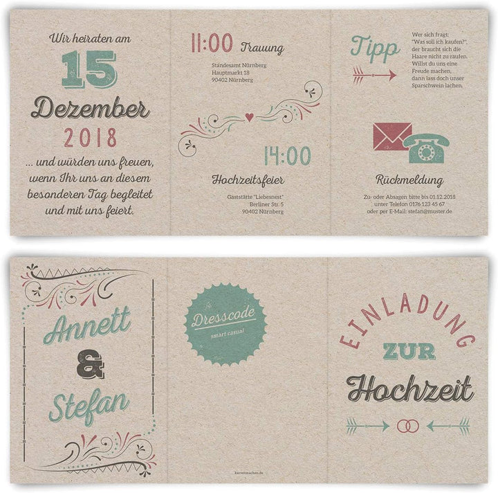 10 x Hochzeitseinladungen individuell mit Ihrem Inhalt als Klappkarte im Wickelfalz - Vintage Letter