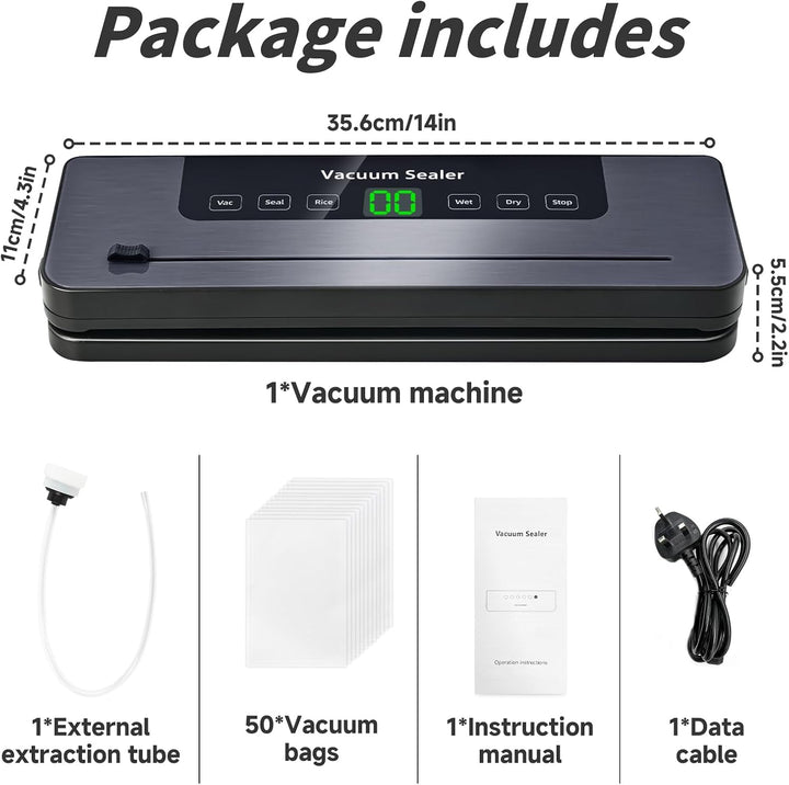 6-in-1 Vakuumiergerät, Vakuumierer mit 30cm Siegelnaht und Digitaler LED-Countdown-Anzeige,50PCS Vak