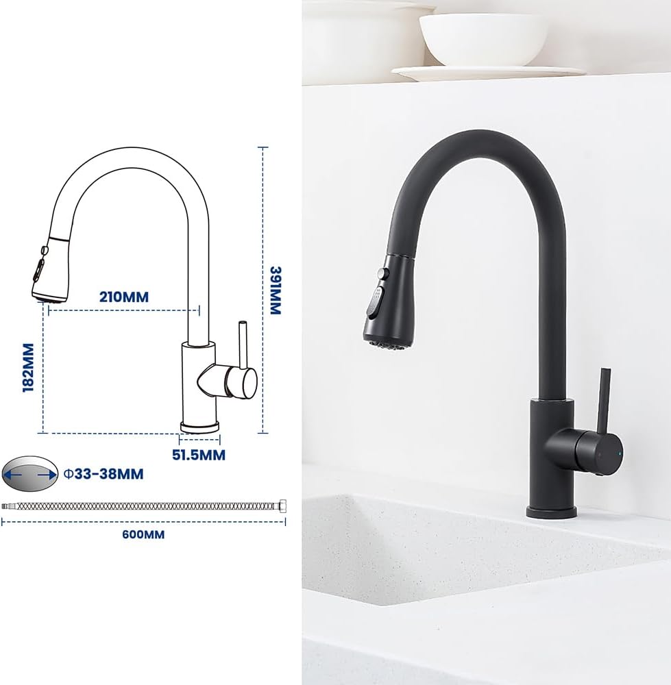 CECIPA Küchenarmatur & Spülbecken Set Schwarz 60×49 cm, Ausziehbarer Wasserhahn Küche mit 360° Drehf