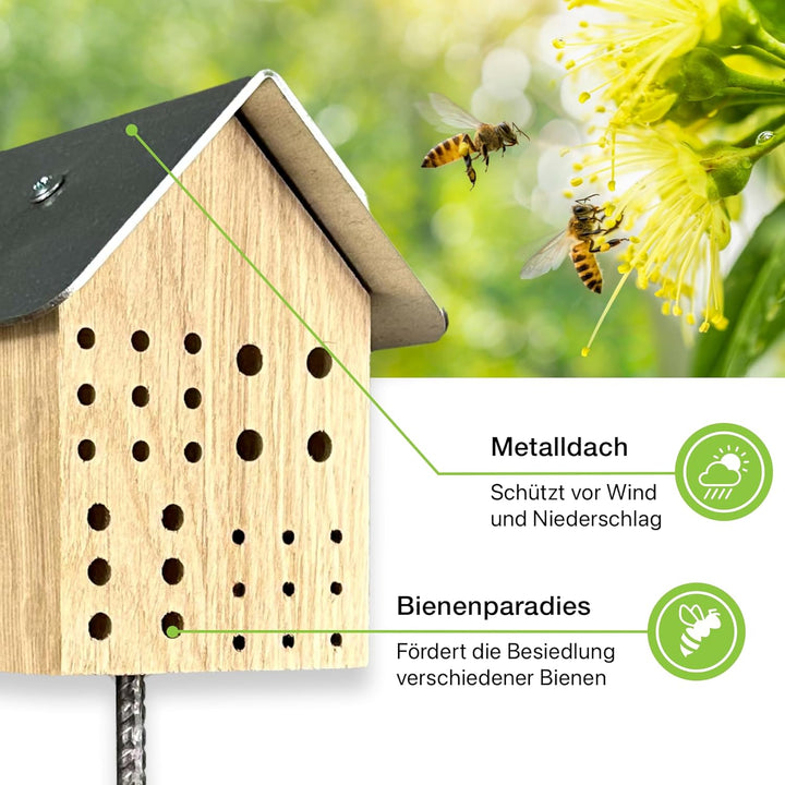 GARTENETAGE Wildbienenhotel mit Metalldach/Naturbelassenes, massives Insektenhaus &amp; Bienenhotel/Nist